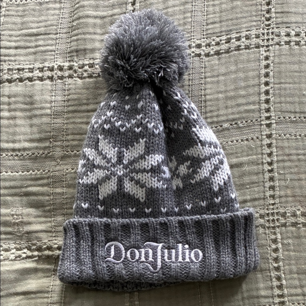 Gray Knit Pom Beanie with Snowflake Pattern